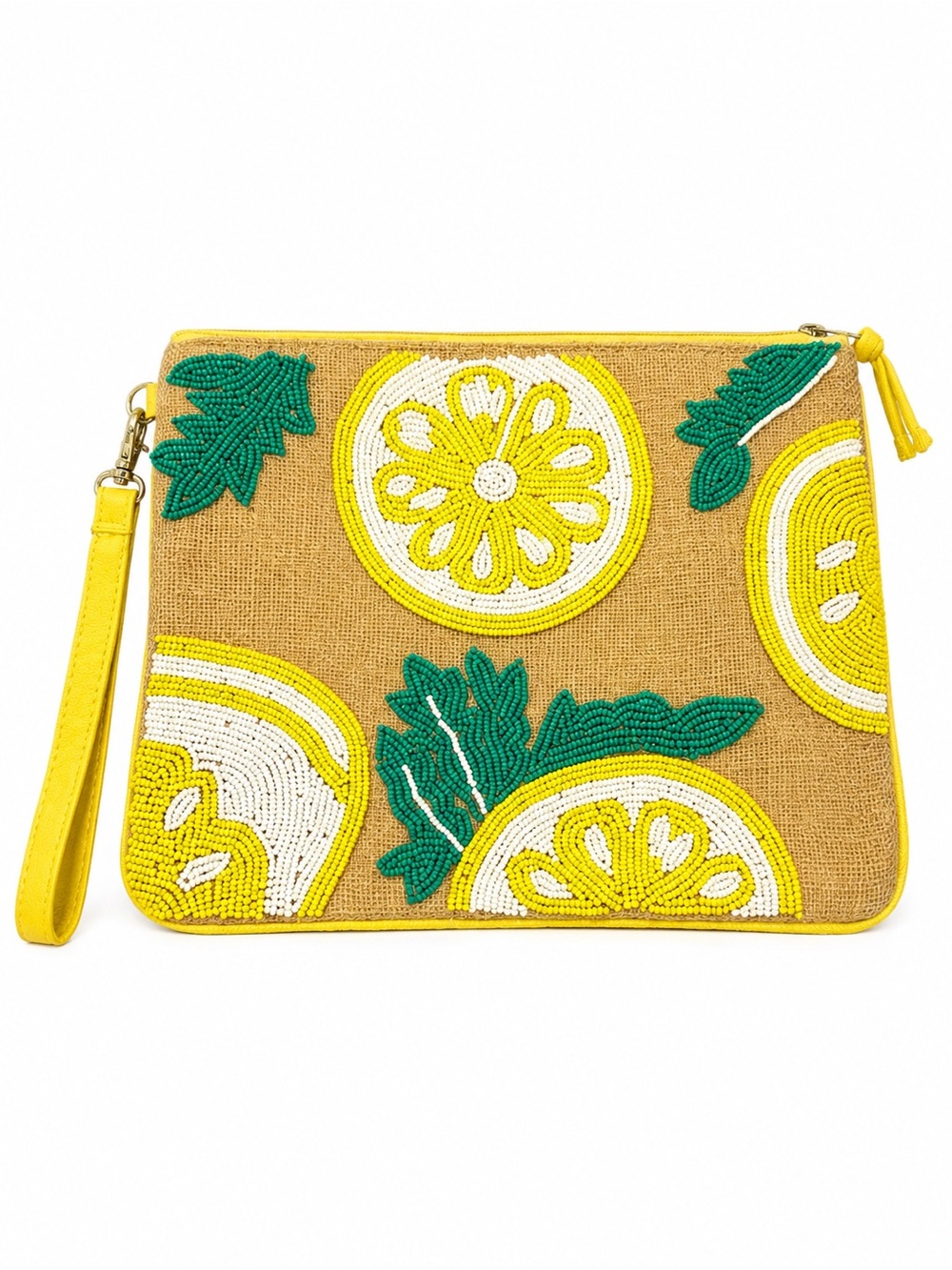 NWOT Wandering Moon Lemon Beaded Wristlet Clutch Yellow Green Handmade India